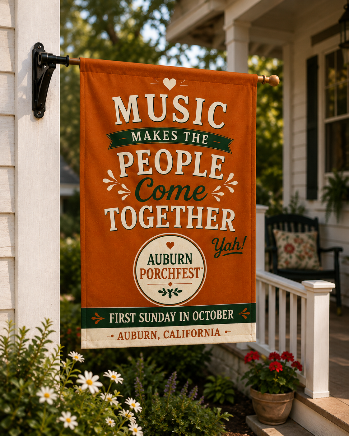 Auburn Porchfest Music Flag mounted on a porch