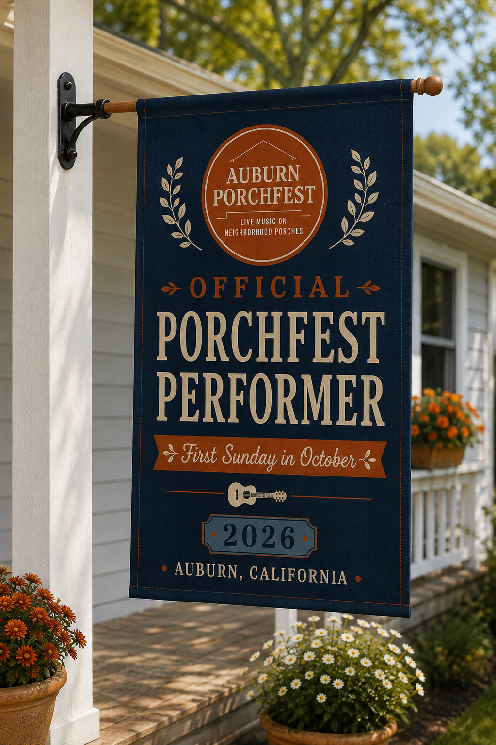 Auburn Porchfest Official Performer Flag mounted on porch column